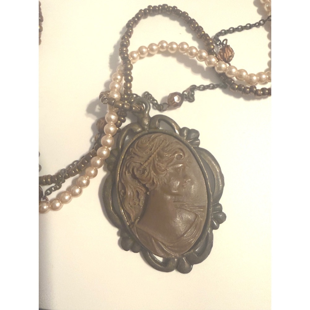 Multi Strand Cameo Necklace Pink Faux Pearl Bronze Seed‎ Bead Layered Pendant